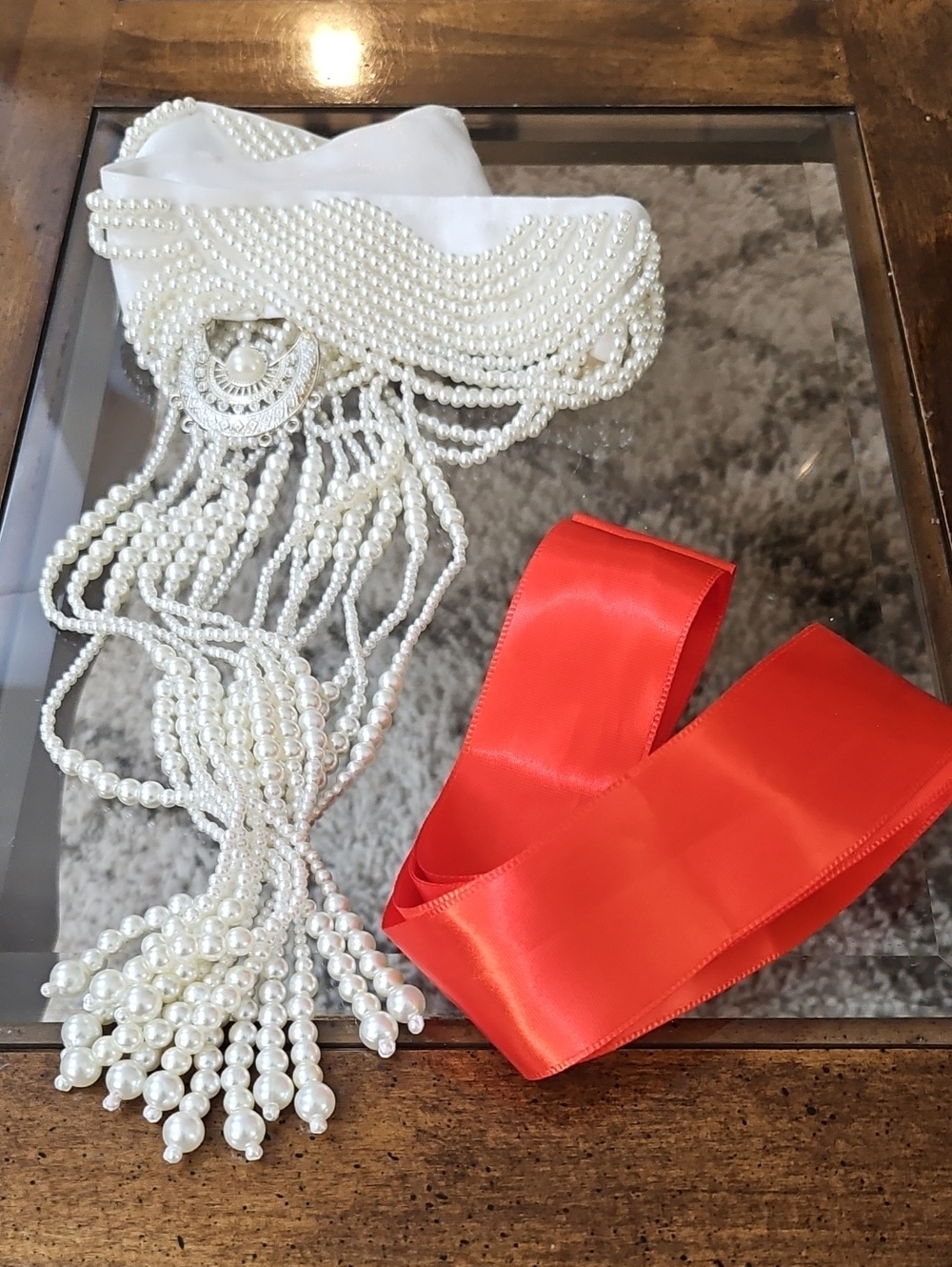 Faux Pearl Draped Headpiece with Red Satin